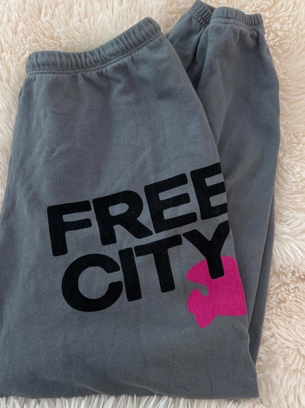 Free City Gray Sweatpants with Black Logo and Pink Accent